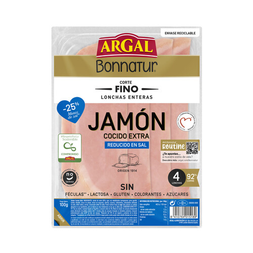 Jamón cocido extra, reducido en sal y cortado en lonchas finas y enteras BONNATUR de Argal 100 g.