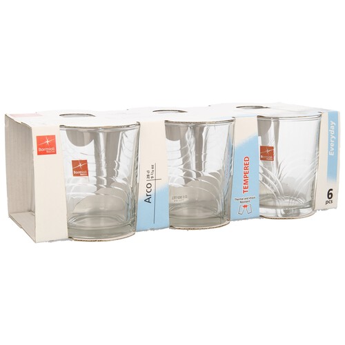 Pack de 6 vasos de agua Arcos, con capacidad de 27 centilitros y fabricados en vidrio BORMIOLI.