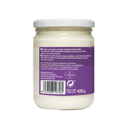 LACABRA Yogur de cabra ecológico desnatado sin lactosa LACABRA 420 g.