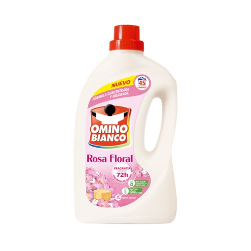 OMINO BIANCO Rosa floral Detergente concentrado con perlas de perfume y fragancia hasta 72 horas 45 lav.