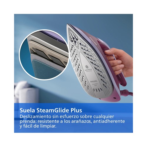Centro de planchado PHILIPS PSG4020/30, suela SteamGlide Plus, OptimalTemp contra quemaduras, 6,5 bares de presión, color cereza