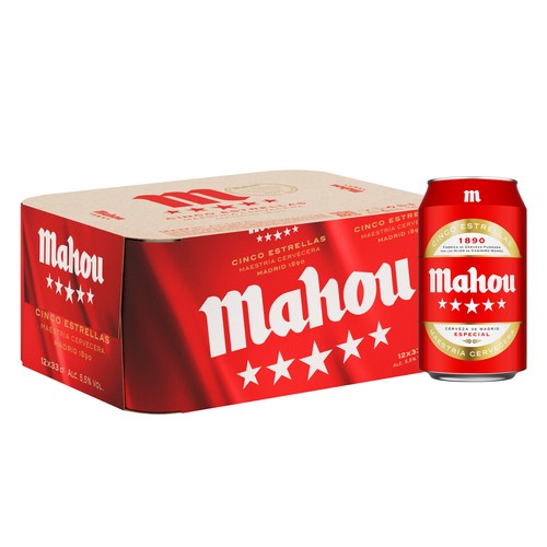 Cervezas MAHOU 5 ESTRELLAS pack de 12 latas de 33 cl.