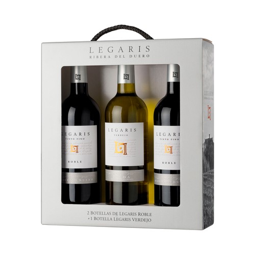 Estuche con 2 botellas (75 cl) de vino tinto roble DO Ribera del Duero y botella (75 cl) de vino blanco DO Rueda LEGARIS.