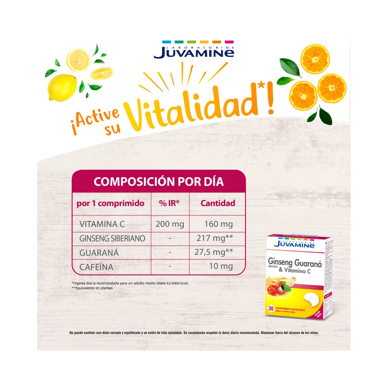 Complemento alimenticio con ginseng guaraná y vitamina C 30 uds.