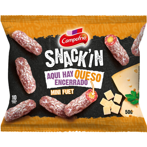 Mini fuets rellenos de queso, ideales para tomar como aperitivo CAMPOFRÍO Snack´in 50 g.