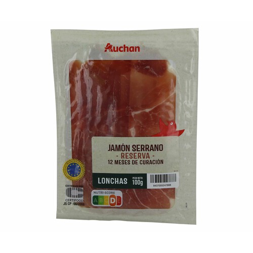 Jamón serrano reserva (curación mínima de 12 meses) cortado en lonchas PRODUCTO ALCAMPO 100 g.