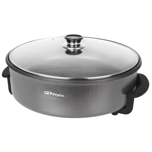 Cazuela eléctrica ORBEGOZO PZ8100, 9cm alto x 42cm diámetro, 1500W, antiadherente, termostato.