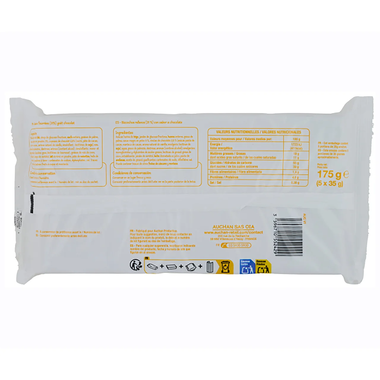 PRODUCTO ECONÓMICO ALCAMPO Bizcochos rellenos de chocolate 5 x 175 gr.