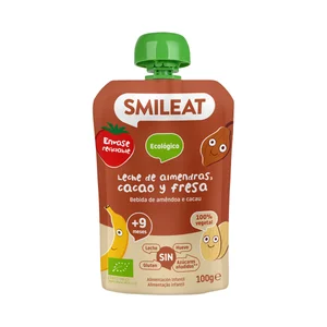SMILEAT Bolsita de fruta (fresa) ecológica, con leche de almendras y cacao, a partir de 9 meses 100 g.