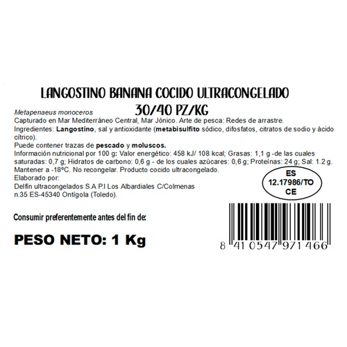 DELFÍN Langostino Banana 30 / 40 salvaje, cocido y ultracongelado 1 kg (P.N.)