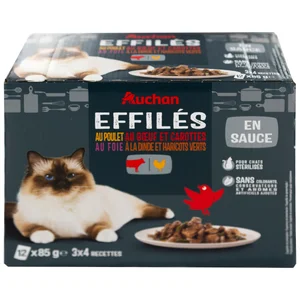 PRODUCTO ALCAMPO Alimento completo para gatos adultos esterilizados a base de diferentes carnes 12 x 85 g.