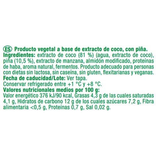 AUCHAN Producto vegetal de coco con piña sin azúcar añadido 150 g.  Producto Alcampo.