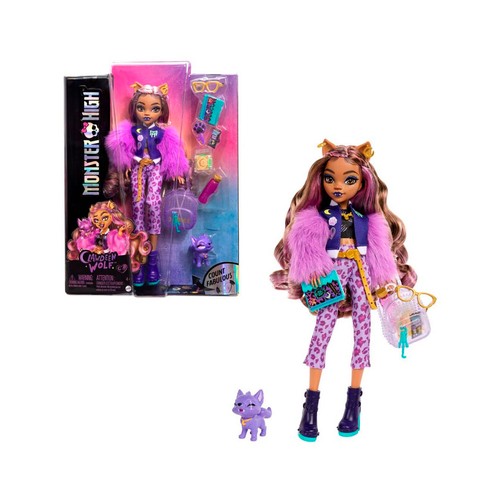MONSTER HIGH Clawdeen Wolf Muñeca articulada con mascota y accesorios de moda, 25cm juguete +4 años