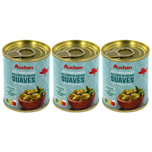 PRODUCTO ALCAMPO Aceitunas verdes suaves rellenas de anchoa y con un 35% menos de sal 3 x 50 g.