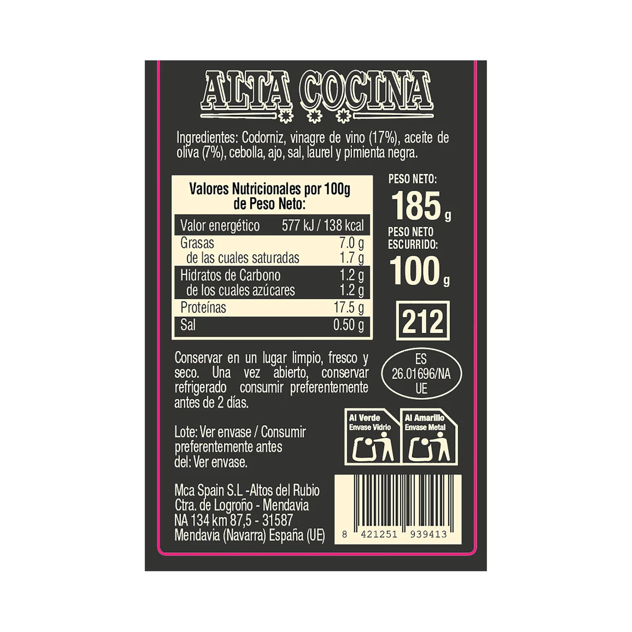 Codorniz desmigada en escabeche - Tarro 100g.