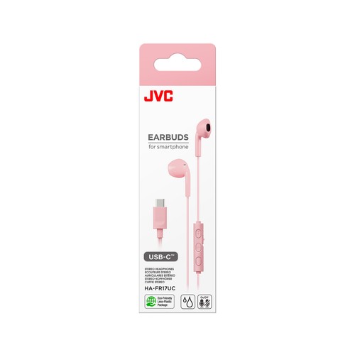 Auriculares de botón JVC, color rosa, con USB-C.