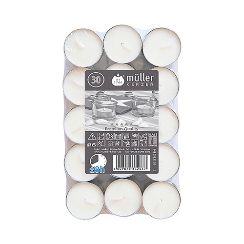 Set de 30 tealights, velas pequeñas blancas de duración de 8 horas, ALCAMPO.