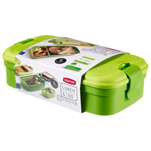 Recipiente Lunch & Go porta comida con cubiertos y compartimentos interiores, color lima CURVER.