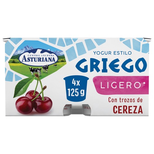 CENTRAL LECHERA ASTURIANA Yogur estilo griego ligero con trozos de cereza 4 x 125 g.