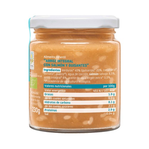 SMILEAT Cachitos Tarrito ecológico de arroz integral con salmón y guisantes a partir de 10 meses 230 g.