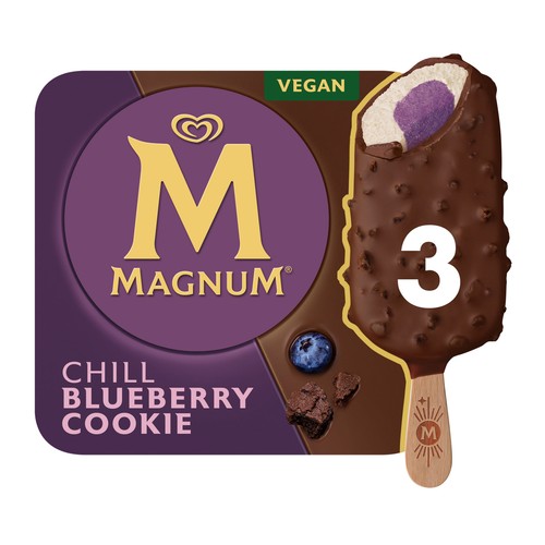 MAGNUM Chill Bombón helado vegetal de vainilla y sorbete de arádanos, recubierto de chocolate 3 x 90 ml.