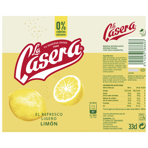 LA CASERA Refresco ligero (gaseosa) con sabor limón lata 33 cl.