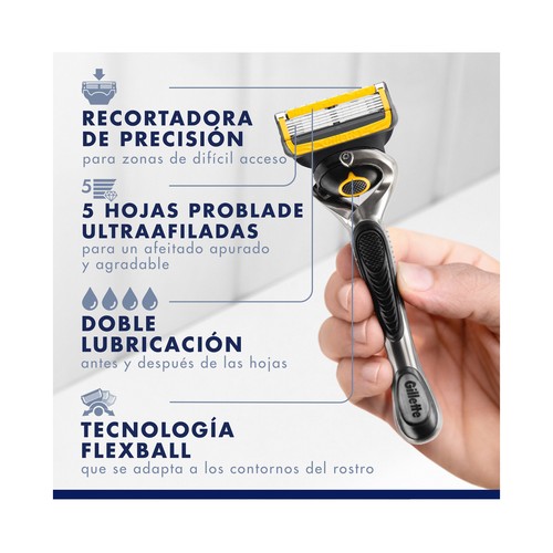 GILLETTE Pro shield Maquinilla de afeitar con cabezal pivotante de cinco hojas + 2 recambios.