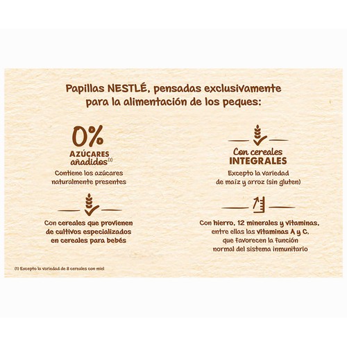 NESTLÉ Papilla de 8 cereales con cacao, sin azúcares añadidos, a partir de 12 meses 475 g.