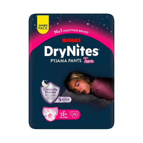 DRYNITES Pañales de noche (braguitas absorbentes) talla 13 + años, para niñas de 48 a 60 kg 11 uds.