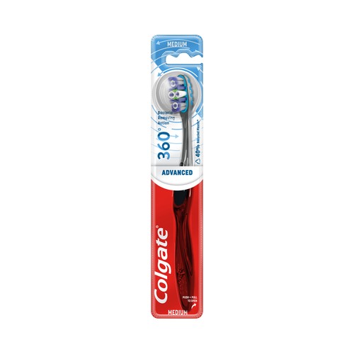 COLGATE 360 Advanced Cepillo de dientes medio, con 4 zonas de acción que ayudan a eliminar las bacterias bucales.