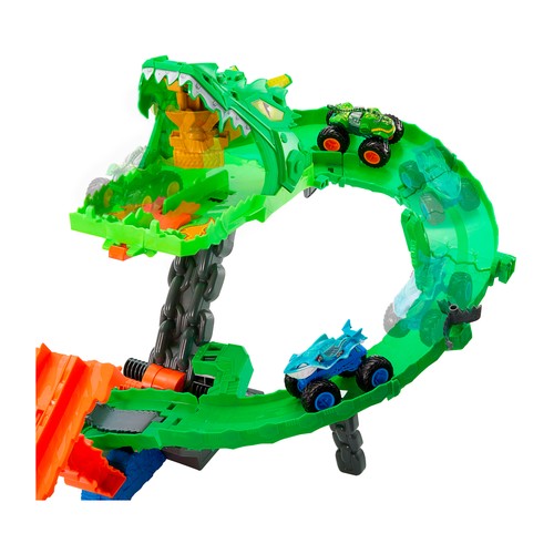 Monster Trucks Sharks vs. Dinos Destrucción del Dragón con 2 camiones a escala 1:64 +4 Años, Hot Wheels MATTEL