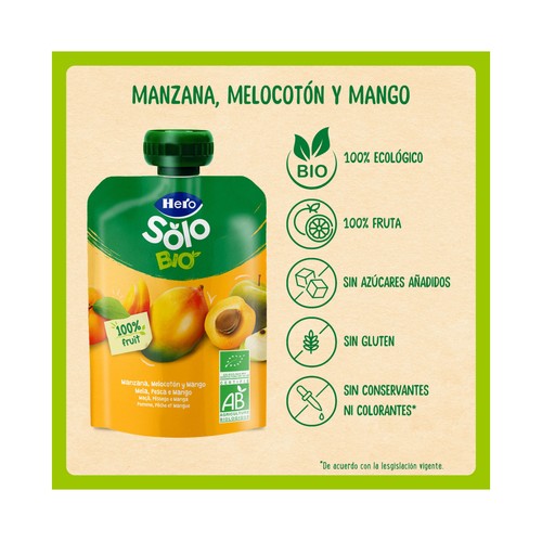 HERO Solo Bio Bolsita de manzana, melocotón y mango ecológicos, a partir de 6 meses 100 g.