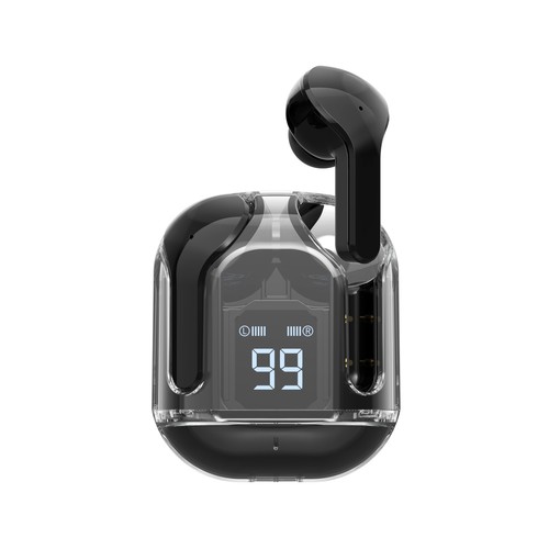 Auriculares Inalámbricos Bluetooth QILIVE Q.1605, color negro, estuche cargador transparente, 17h de autonomía, incluye cable de carga USB-C