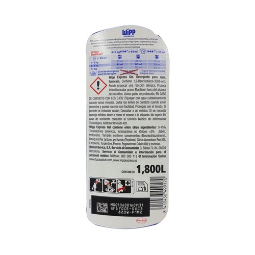 WIPP EXPRESS Detergente líquido gel azul 40 dosis.