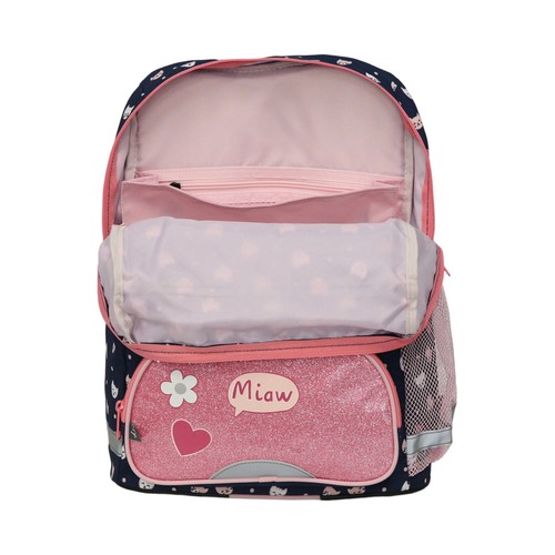 Mochila de 38cm con solapa, varios compartimentos, gatos, ALCAMPO.