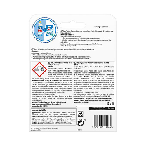 Pastillas WC Marine, acción blanqueadora con lejía PATO ACTIVE CLEAN 37 g.