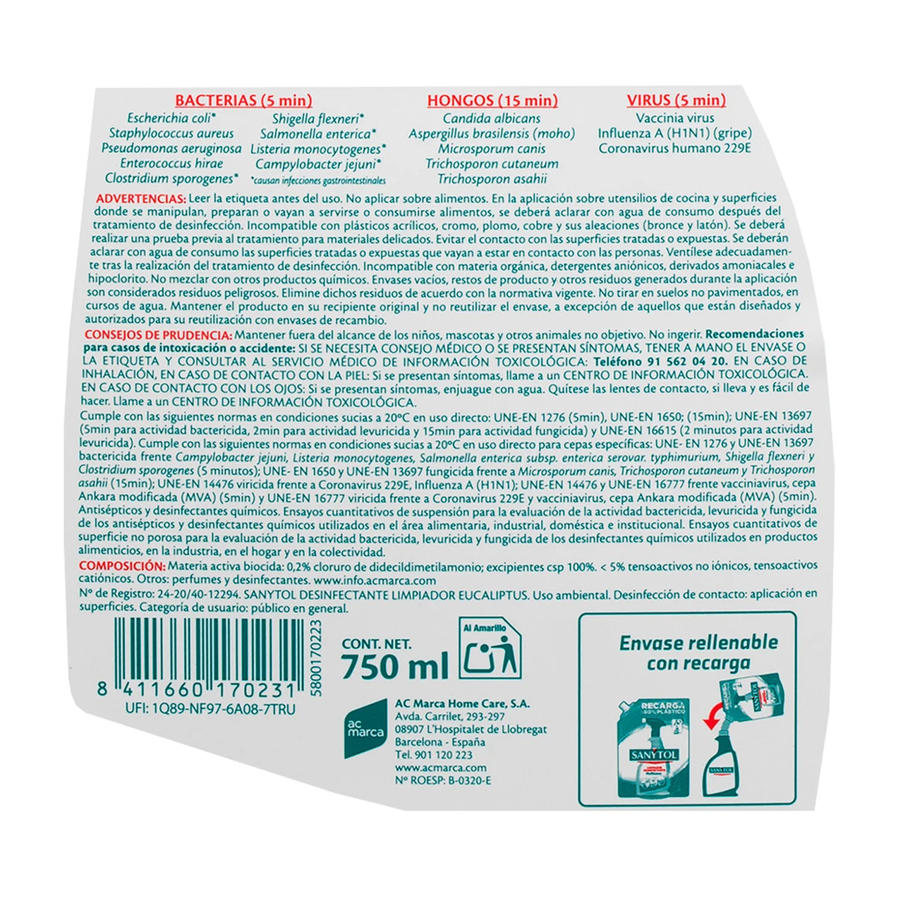 Limpiador desinfectante multiusos 750 ml.