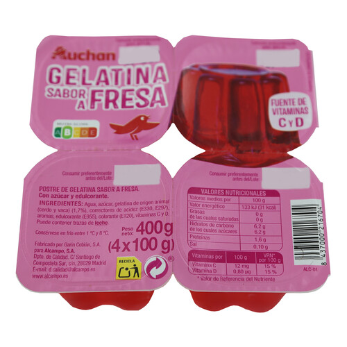 Gelatina con sabor fresa PRODUCTO ALCAMPO 4 x 100 g.