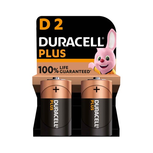 Pack de 2 pilas alcalinas D, LR20, 1,5V, DURACELL Plus.