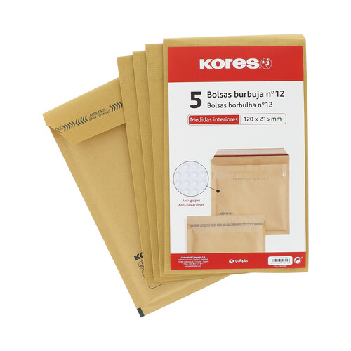 5 sobres de papel Kraft tamaño 120 x 215mm color marrón, con burbujas del número 12 KORES.