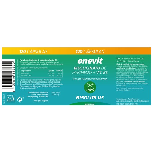 ONEVIT Bisglicinato de magnesio + vitamina B6 (complemento alimenticio) 120 cápsulas.