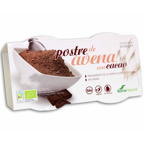 Postre ecológico de avena al cacao 100% natural SORIA NATURAL pack de 2 unidades de 100 g.