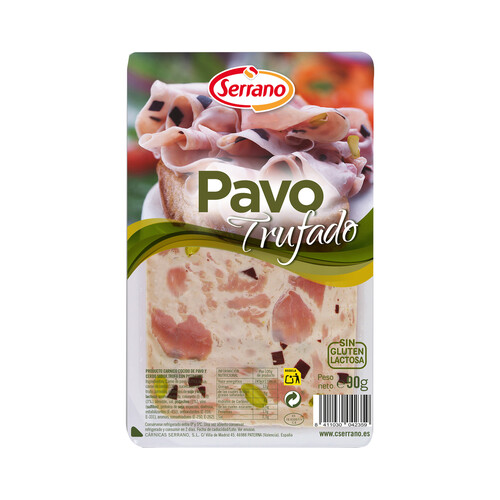 Fiambre de pavo y cerdo cocido, con pistachos y sabor trufa, cortado en lonchas SERRANO 90 g.