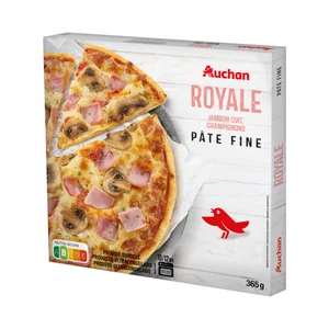 AUCHAN Pizza congelada de masa fina con jamón y champiñones 365 g. Producto Alcampo