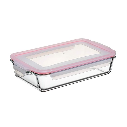 Hermético de vidrio rectangular con tapa de plástico color rojo, capacidad 2,2L,. TATAY.