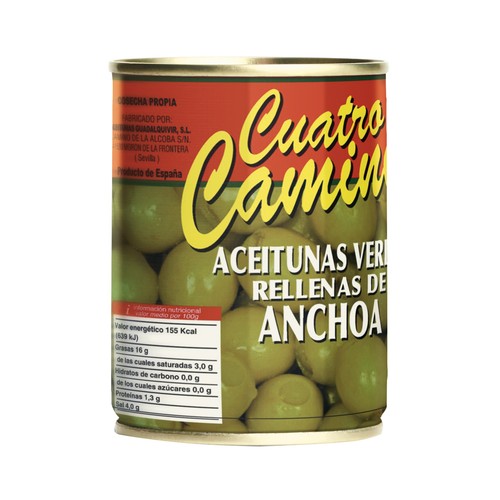 CUATRO CAMINOS Aceitunas verdes varidad Manzanilla finas, rellenas de anchoa 120 g.