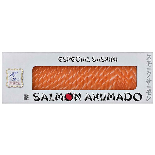 AHUMADOS DOMINGUEZ Salmón ahumado especial Sashime + salsa fresca suave de soja AHUNADOS DOMINGUEZ 300 g. +180 g.