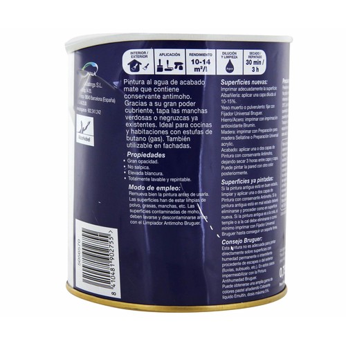 Bote de 0.75 litros de pintura antimoho para uso interior o exterior, de color blanco BRUGUER.