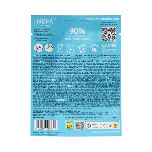 IROHA NATURE Parches hidrocoloides para tratar los granos, pieles normales, mixtas o grasas 18 uds.