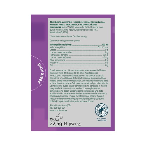 HORNIMANS Bienestar+ Infusión sin teina de manzanilla, melisa, pasiflora, fresa y melatonia 15 uds.
